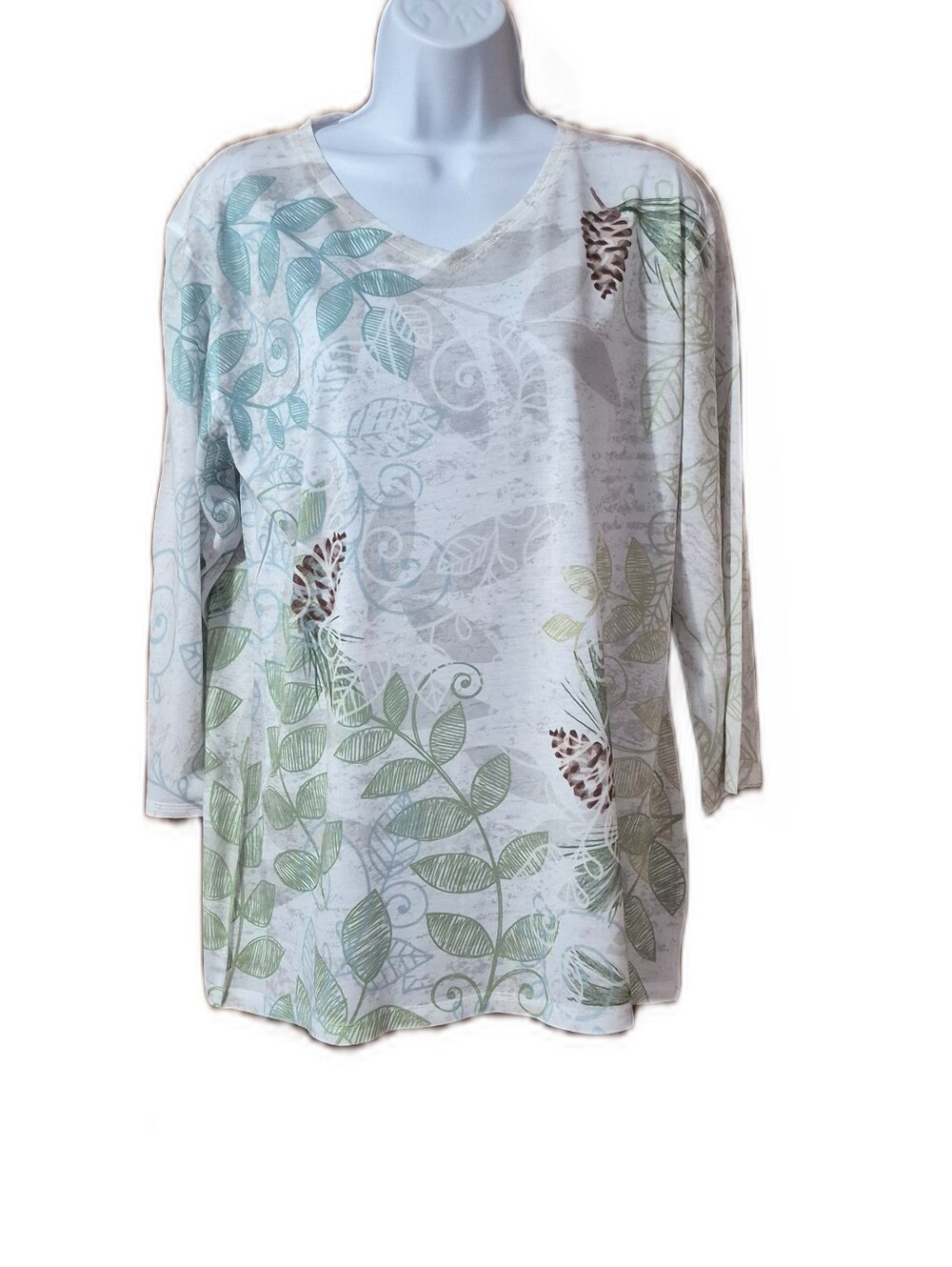 Artisans Women's White V-Neck 3/4 Sleeve Lightweight Leaf Print Tunic Top EUC XL